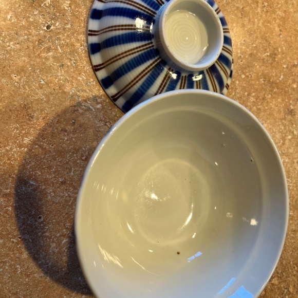 Japanese lidded Rice / Soup Bowl Set Striped Blue Brown - Picture 6 of 11